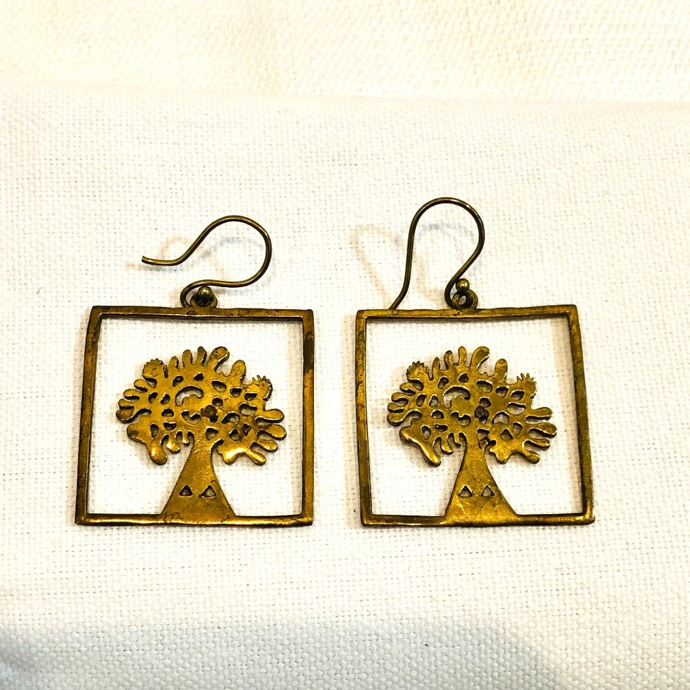 Tree of Life Portrait Earrings in Gold Tone Brass NWOT